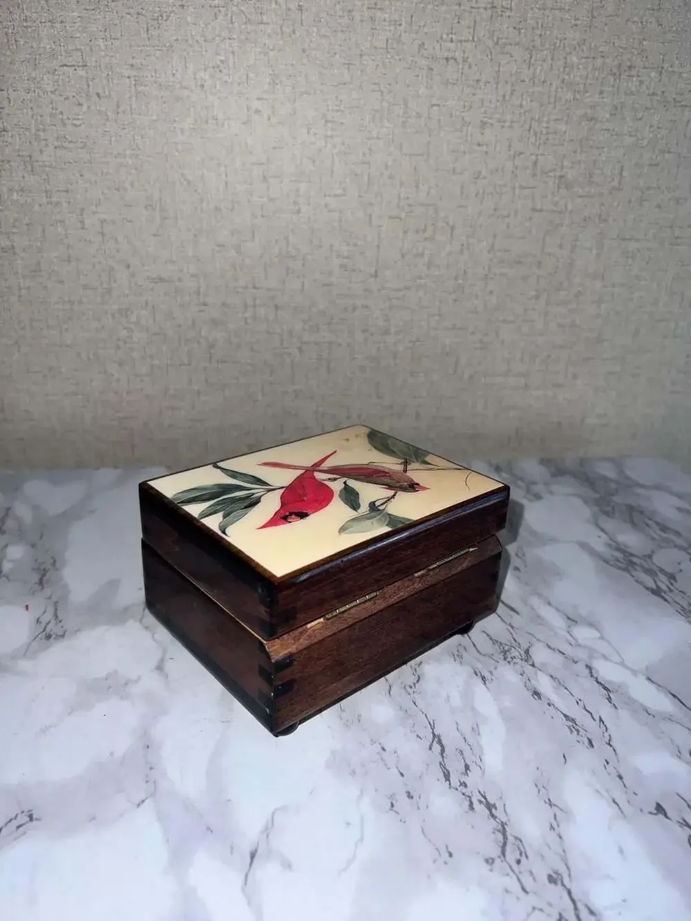 Vintage Reuge Wooden Music Box with Cardinal Tile Lid